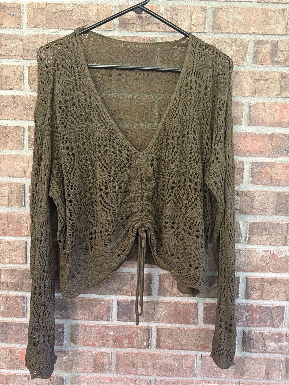 SHEIN Olive Drawstring V-Neck Open-Knit Sweater